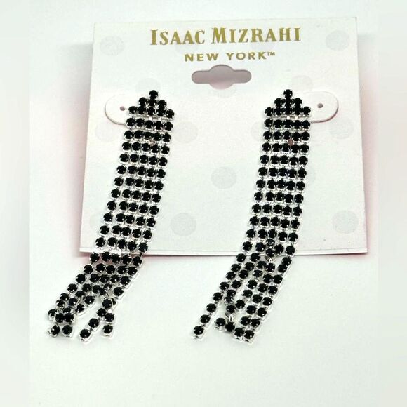 ISAAC MIZRAHI Silver Tone Black Crystal Dangling Post  Earrings - Picture 1 of 7